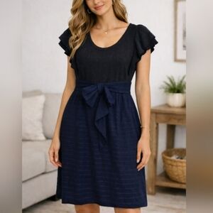 Moth Anthropologie Midi Dress Small Black Bodice Navy Skirt Bow Waist Wool Blend
